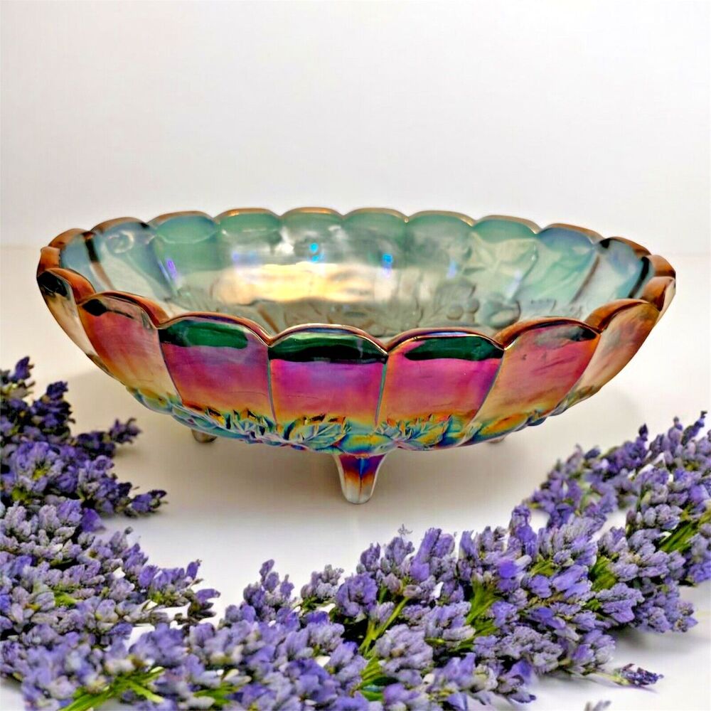 Vintage Blue Carnival Glass Large Oval Footed Fruit Bowl Iridescent Indiana Dish